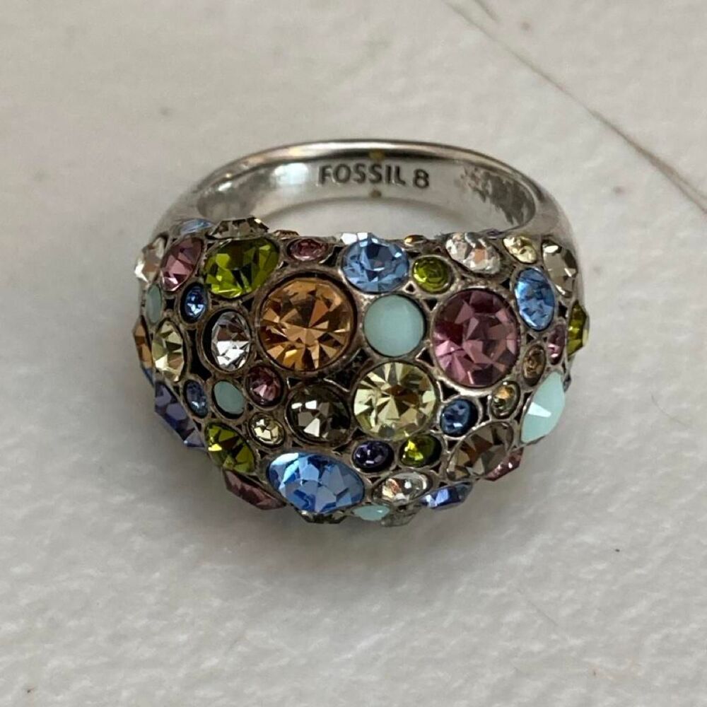 Fossil Multicolored Rhinestone Chunky Cocktail Party Ring Size 8